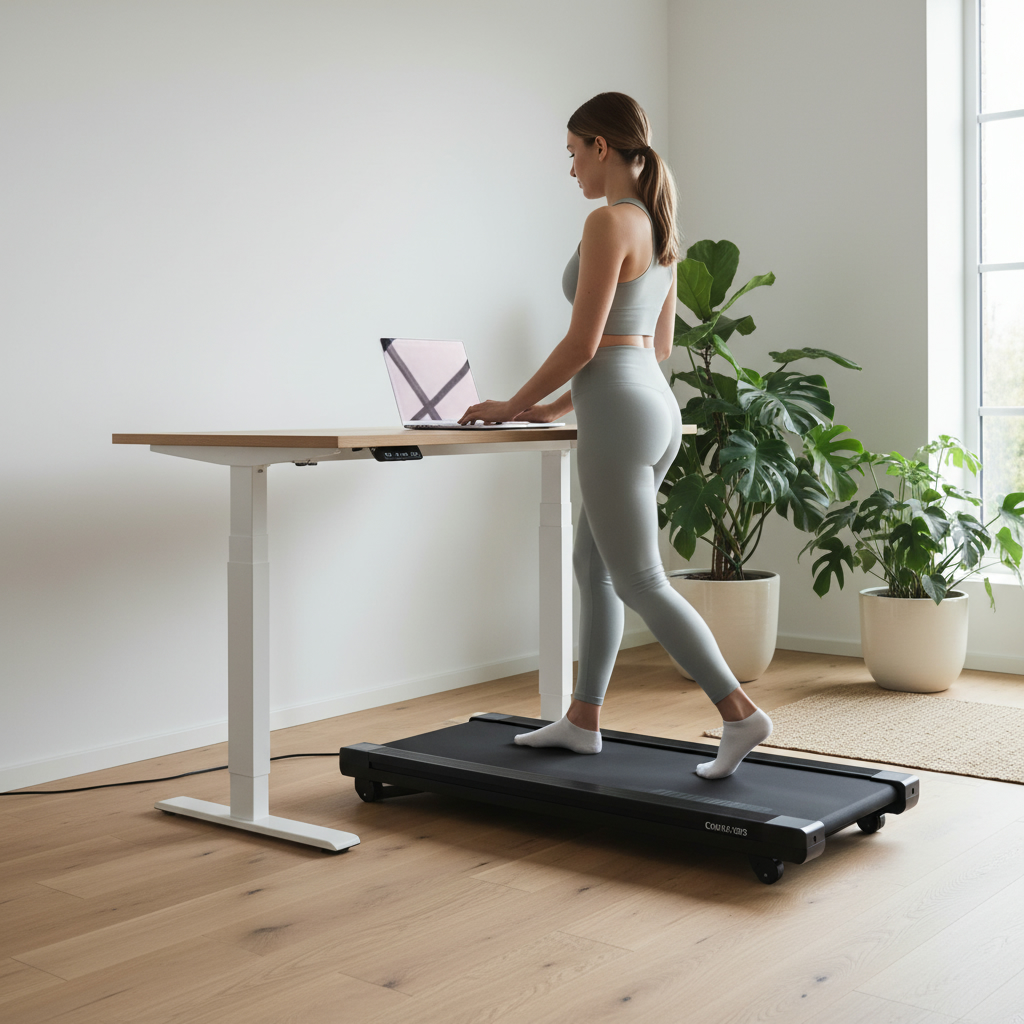 Жена ходи на компактна walking pad под бюро за стоене у дома